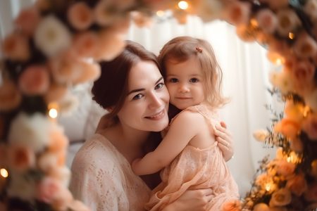 Linda mulher jovem ao lado de sua filha sobre fundo isolado