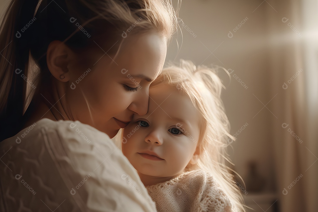 Linda mulher jovem ao lado de sua filha sobre fundo isolado