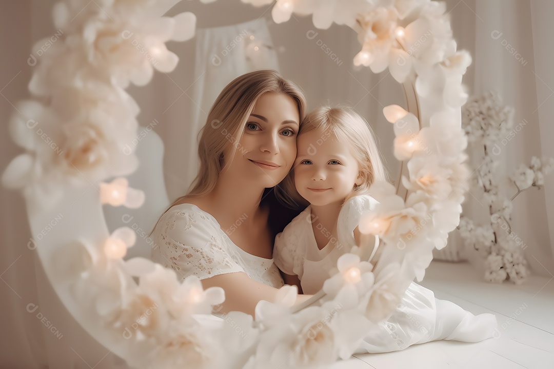 Linda mulher jovem ao lado de sua filha sobre fundo isolado