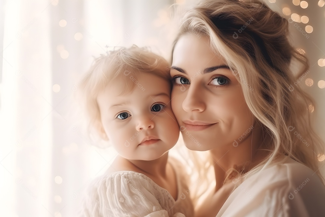 Linda mulher jovem ao lado de sua filha sobre fundo isolado