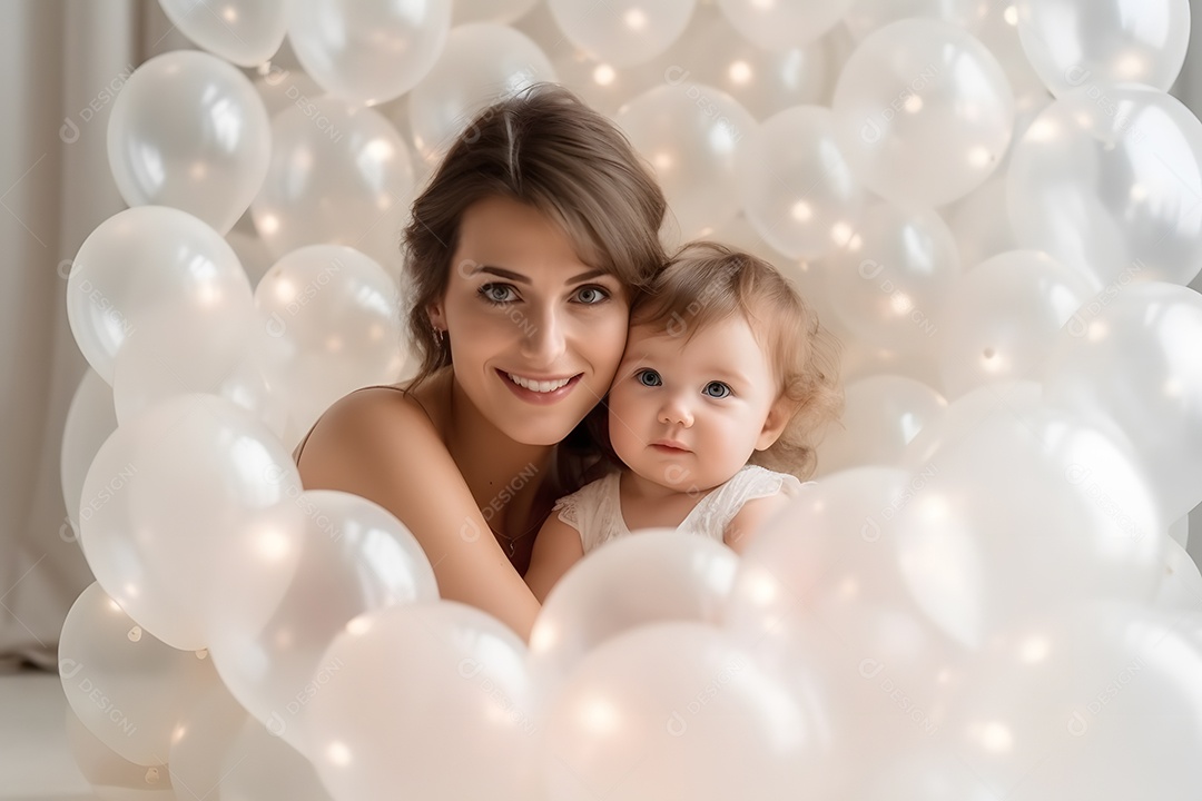 Linda mulher jovem ao lado de sua filha sobre fundo isolado