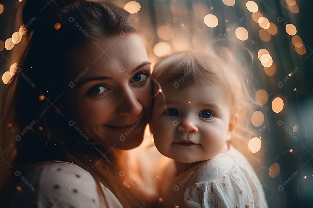 Linda mulher jovem ao lado de sua filha sobre fundo isolado