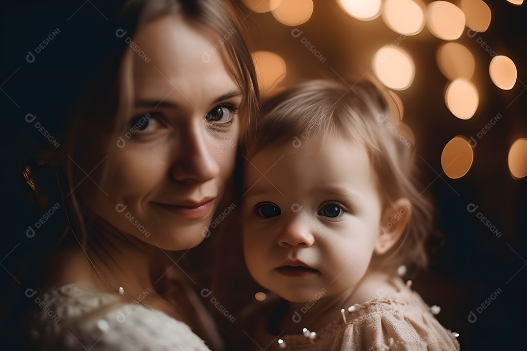 Linda mulher jovem ao lado de sua filha sobre fundo isolado