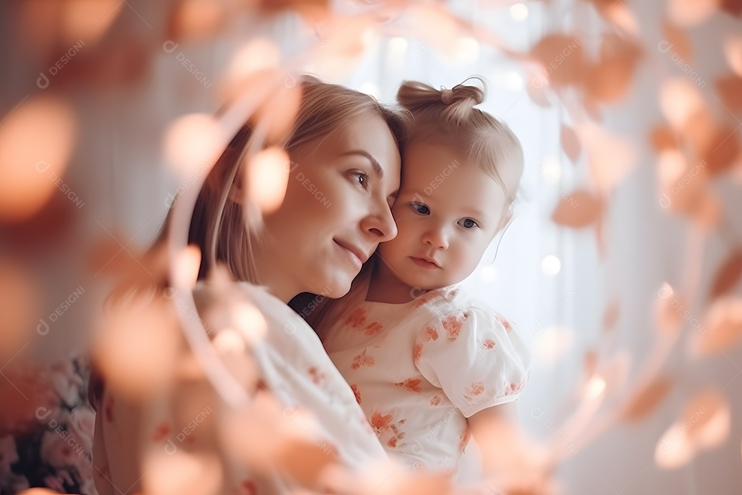 Linda mulher jovem ao lado de sua filha sobre fundo isolado