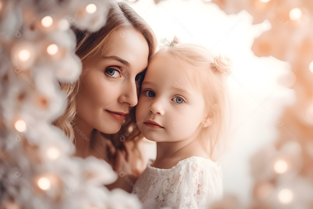 Linda mulher jovem ao lado de sua filha sobre fundo isolado