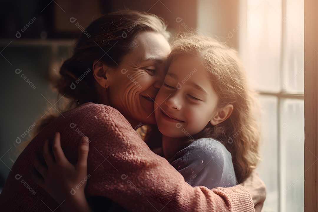 Linda mulher jovem ao lado de sua filha sobre fundo isolado
