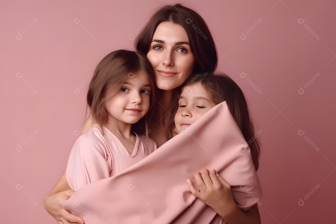 Linda mulher jovem ao lado de sua filha sobre fundo isolado