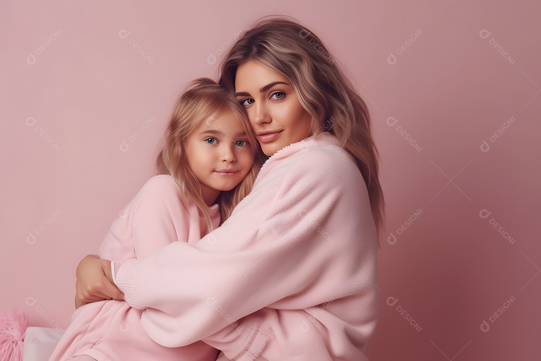 Linda mulher jovem ao lado de sua filha sobre fundo isolado