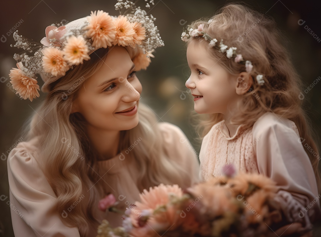 Linda mulher jovem ao lado de sua filha sobre fundo isolado