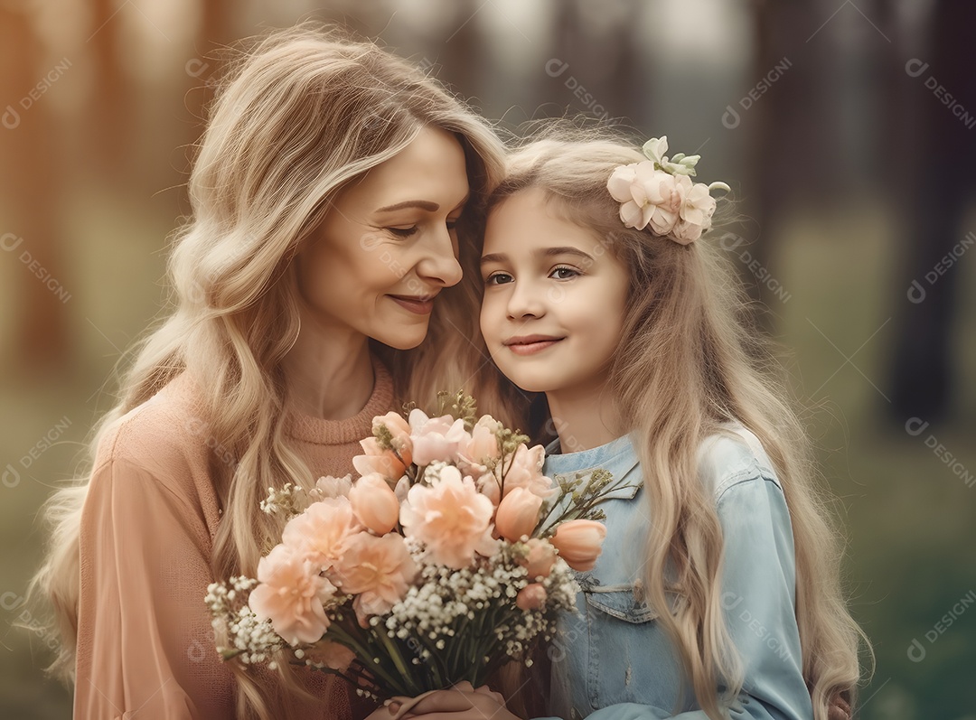 Linda mulher jovem ao lado de sua filha loiras sobre fundo isolado