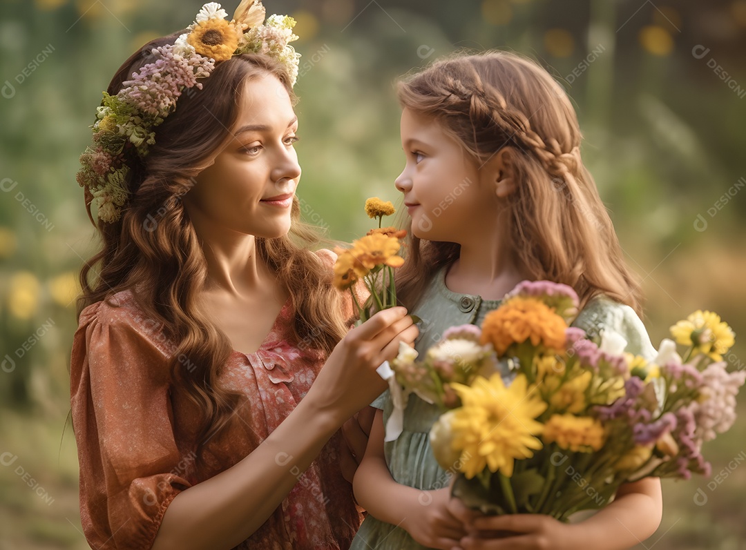 Linda mulher jovem ao lado de sua filha sobre fundo isolado