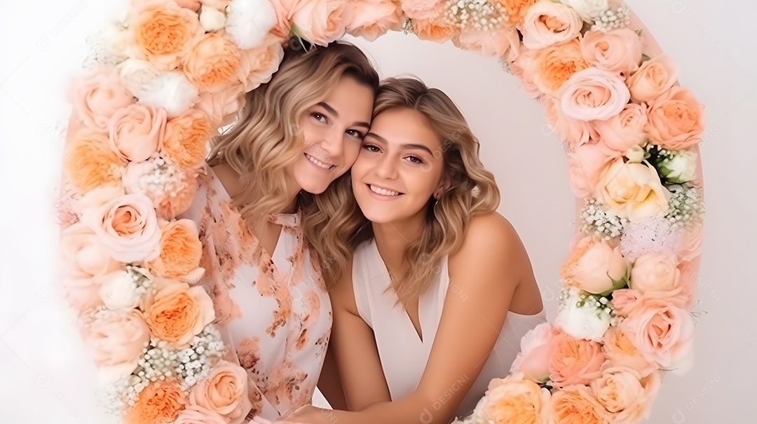 Linda mulher jovem ao lado de sua filha sobre fundo isolado