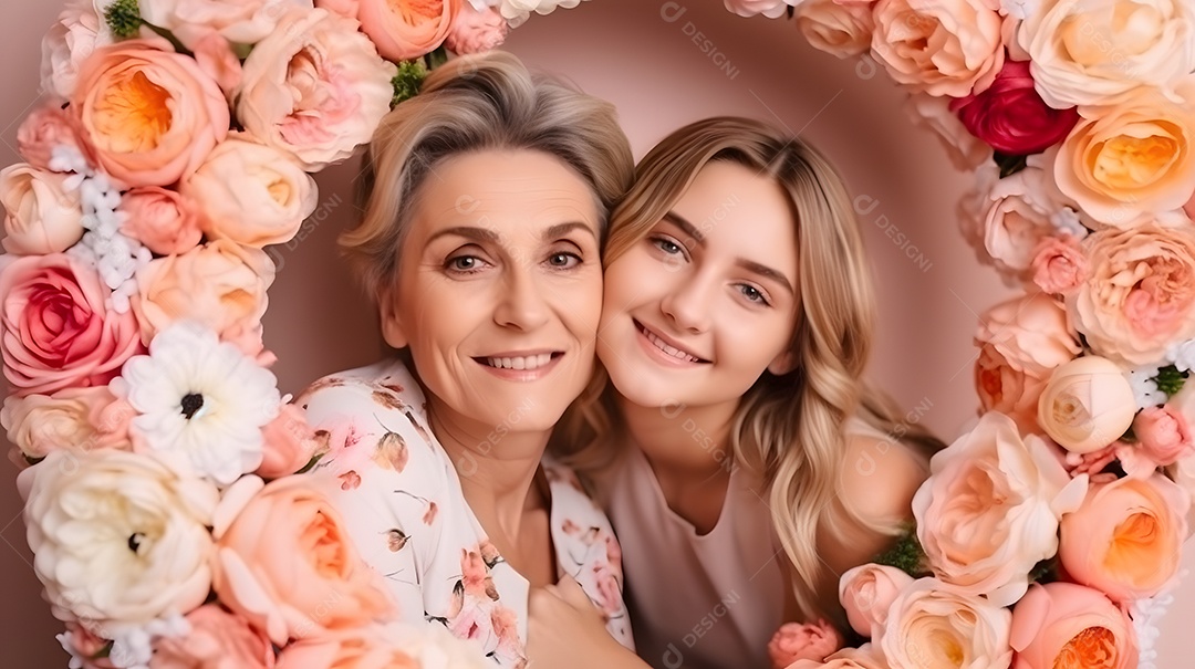 Linda mulher jovem ao lado de sua filha sobre fundo isolado