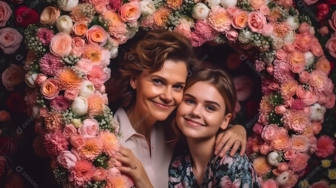 Linda mulher jovem ao lado de sua filha sobre fundo isolado