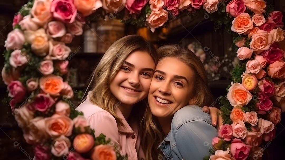 Linda mulher jovem ao lado de sua filha sobre fundo isolado