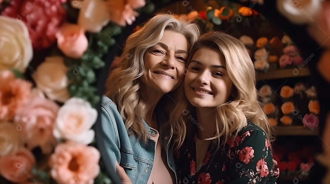 Linda mulher jovem ao lado de sua filha sobre fundo isolado