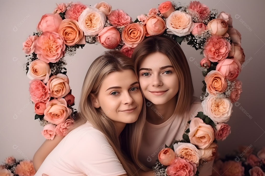 Linda mulher jovem ao lado de sua filha sobre fundo isolado