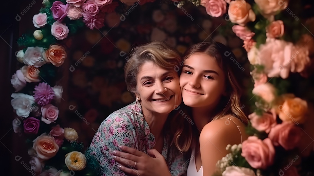 Linda mulher jovem ao lado de sua filha sobre fundo isolado