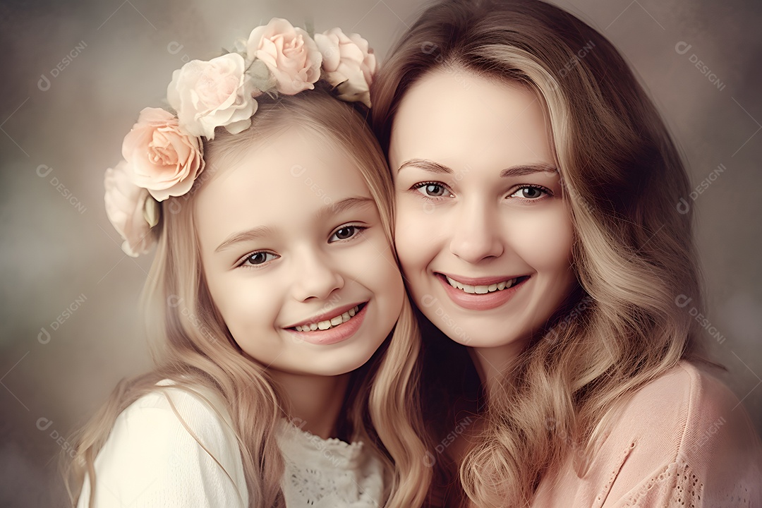 Linda mulher jovem ao lado de suas filha sobre fundo isolado