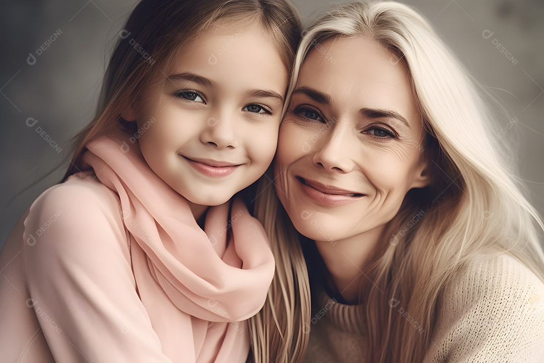 Linda mulher jovem ao lado de suas filha sobre fundo isolado