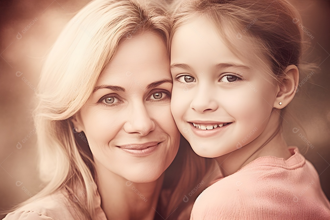 Linda mulher jovem ao lado de suas filha sobre fundo isolado