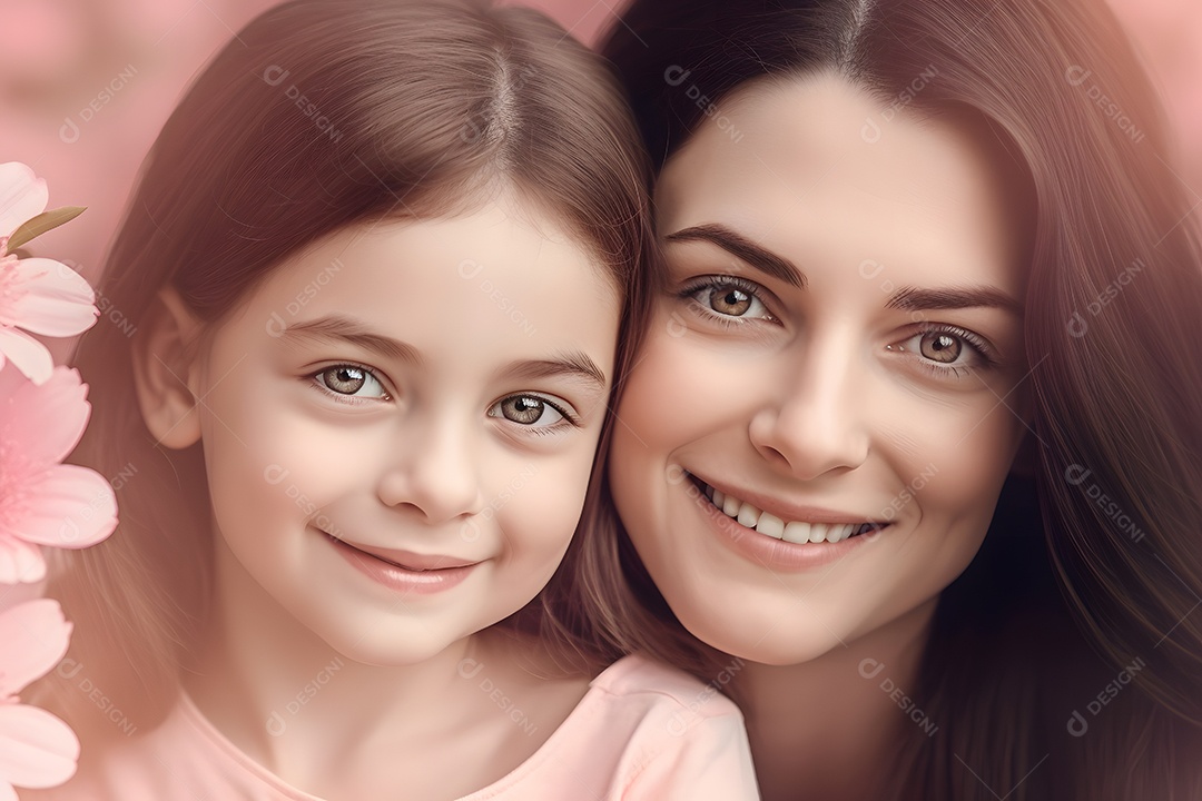 Linda mulher jovem ao lado de suas filha sobre fundo isolado