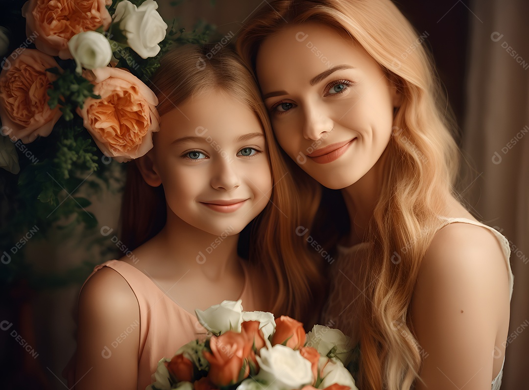 Linda mulher jovem ao lado de suas filhas sobre fundo isolado