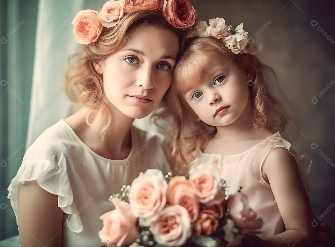 Linda mulher jovem ao lado de suas filha sobre fundo isolado