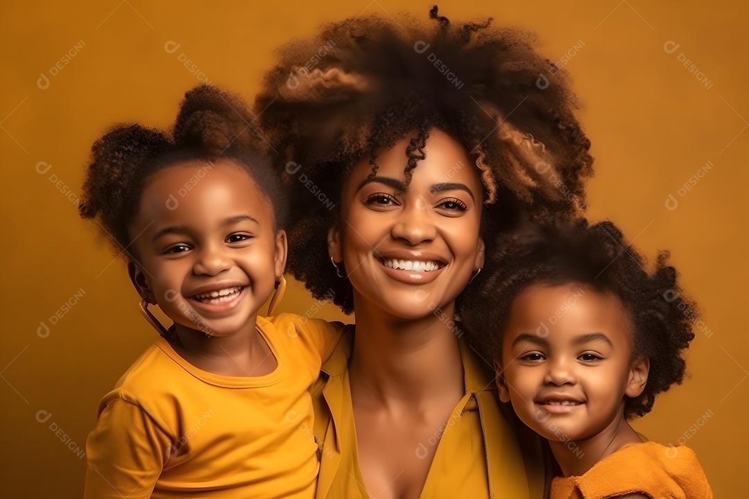 Linda mulher jovem ao lado de suas filhas sobre fundo isolado