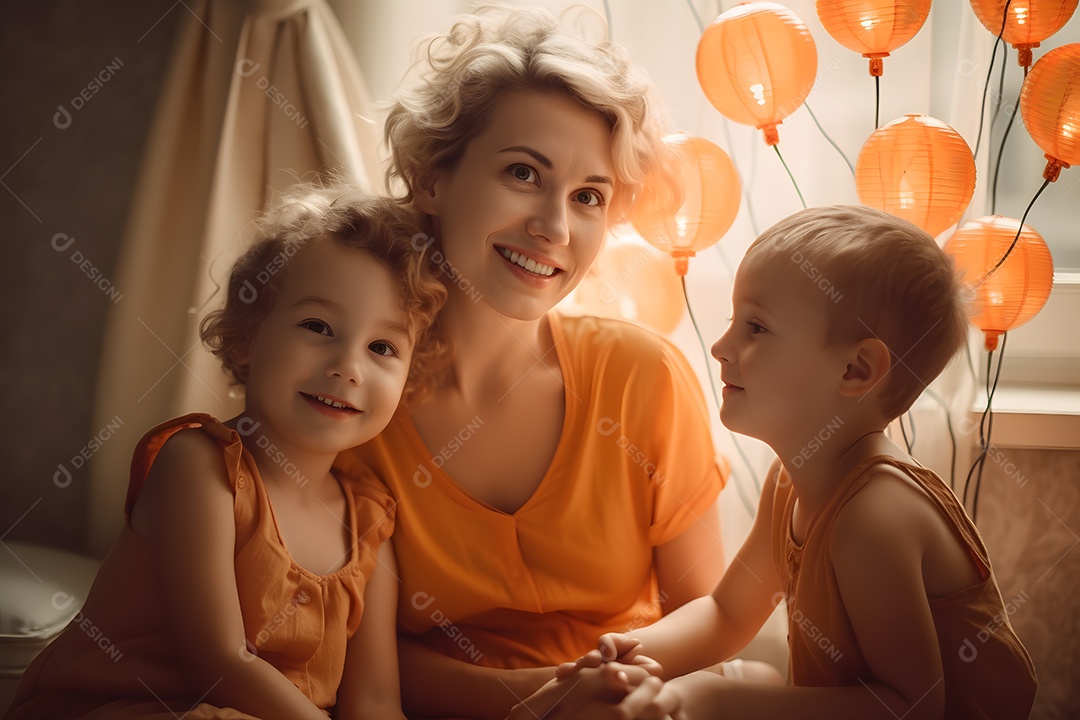 Linda mulher jovem ao lado de seus filhos sobre fundo isolado