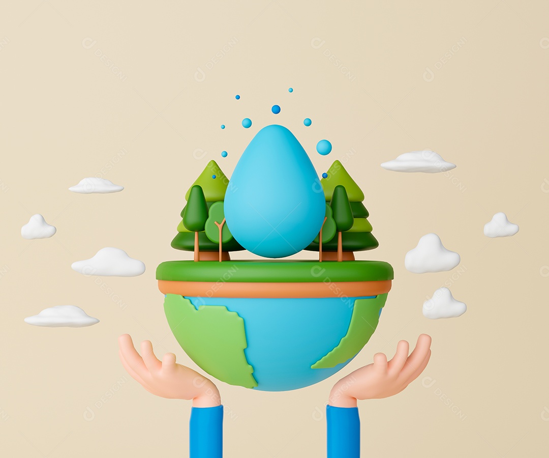 Dia mundial do meio ambiente, economia de água conceito 3d render. Mão segurando a terra com uma enorme gota de água e floresta.