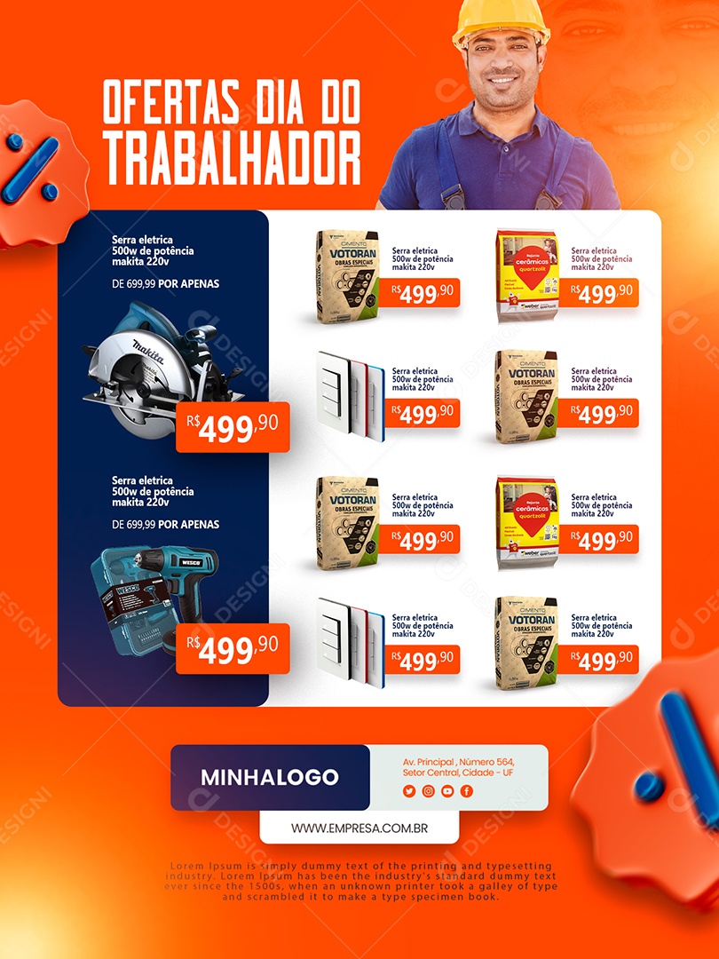 Encarte Ofertas Dia Do Trabalhador Materiais De Construção Social Media PSD Editável