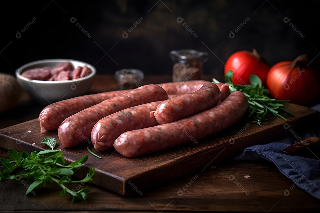 Linguiças sobre uma tabua de madeira