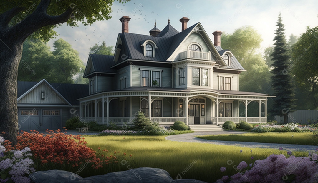 Uma linda casa no jardim com árvores e flores