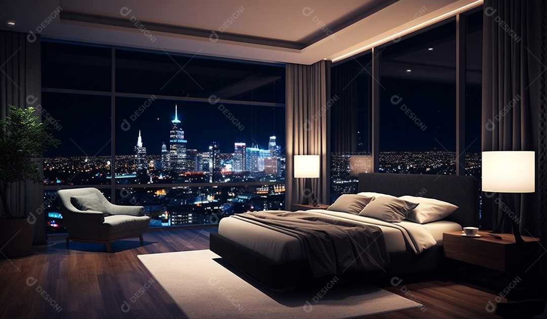 Quarto luxuoso com vista noturna para a cidade.