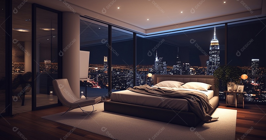 Quarto luxuoso com vista noturna para a cidade.