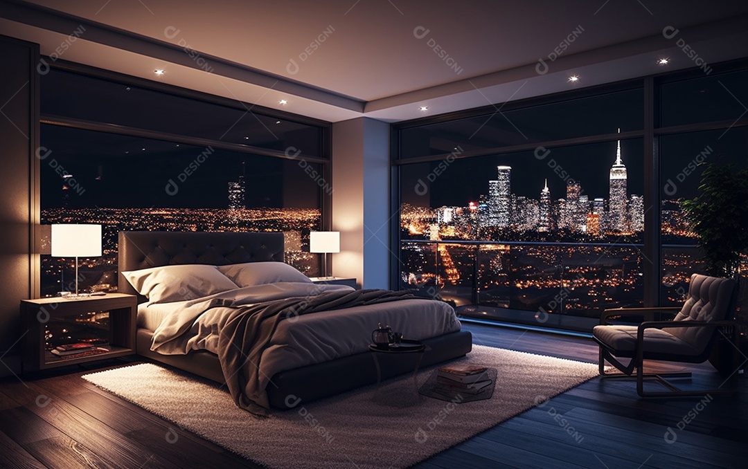 Quarto luxuoso com vista noturna para a cidade.