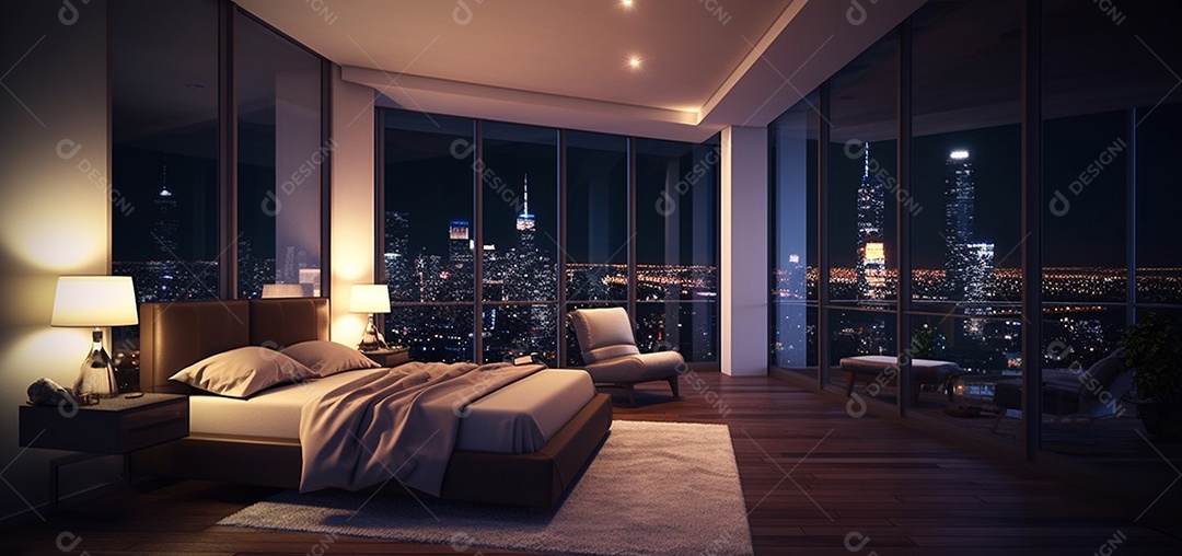 Quarto luxuoso com vista noturna para a cidade.