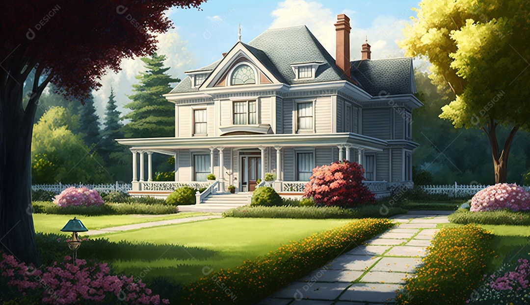 Uma linda casa no jardim com árvores e flores