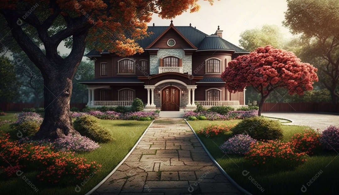 Uma linda casa no jardim com árvores e flores