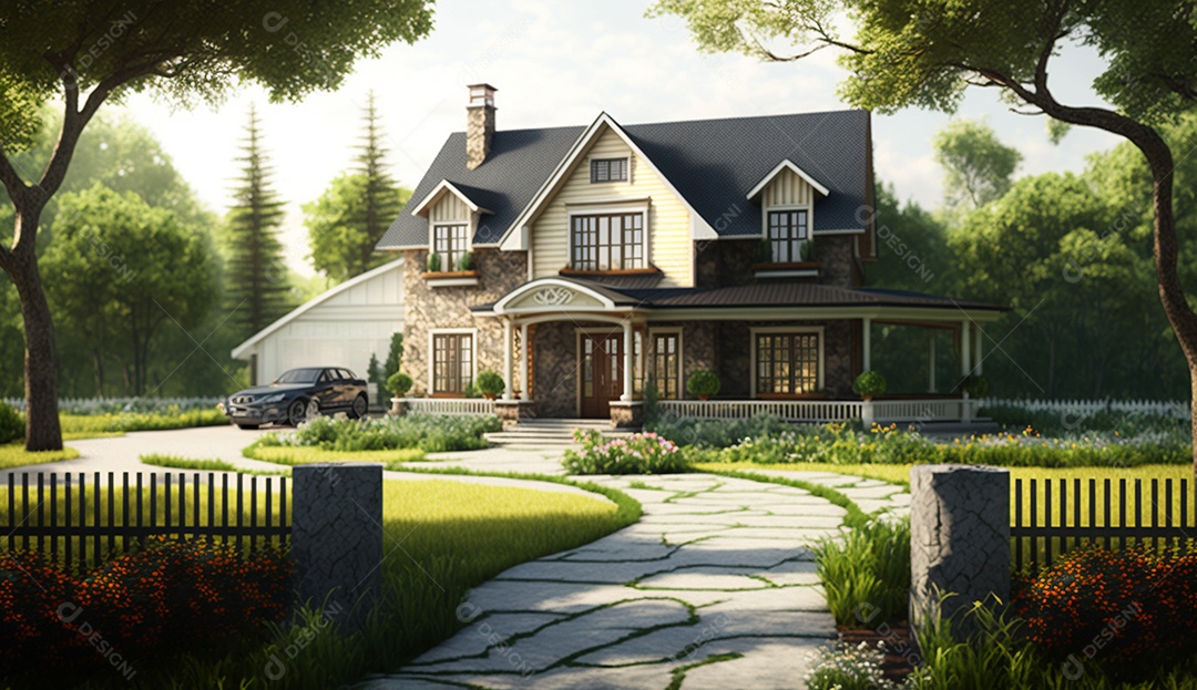 Uma linda casa no jardim com árvores e flores