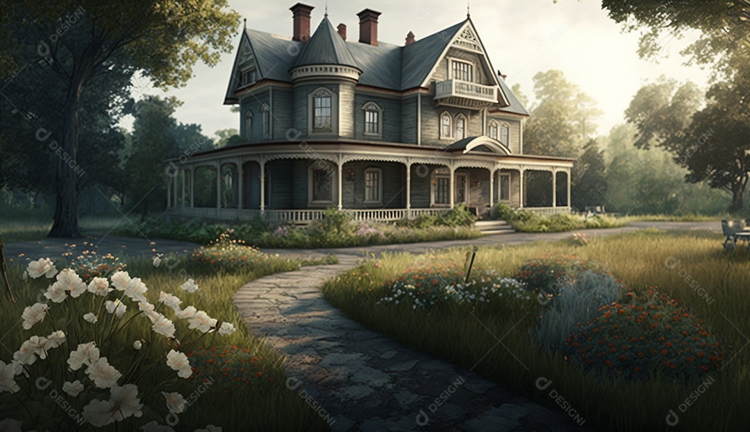 Uma linda casa no jardim com árvores e flores