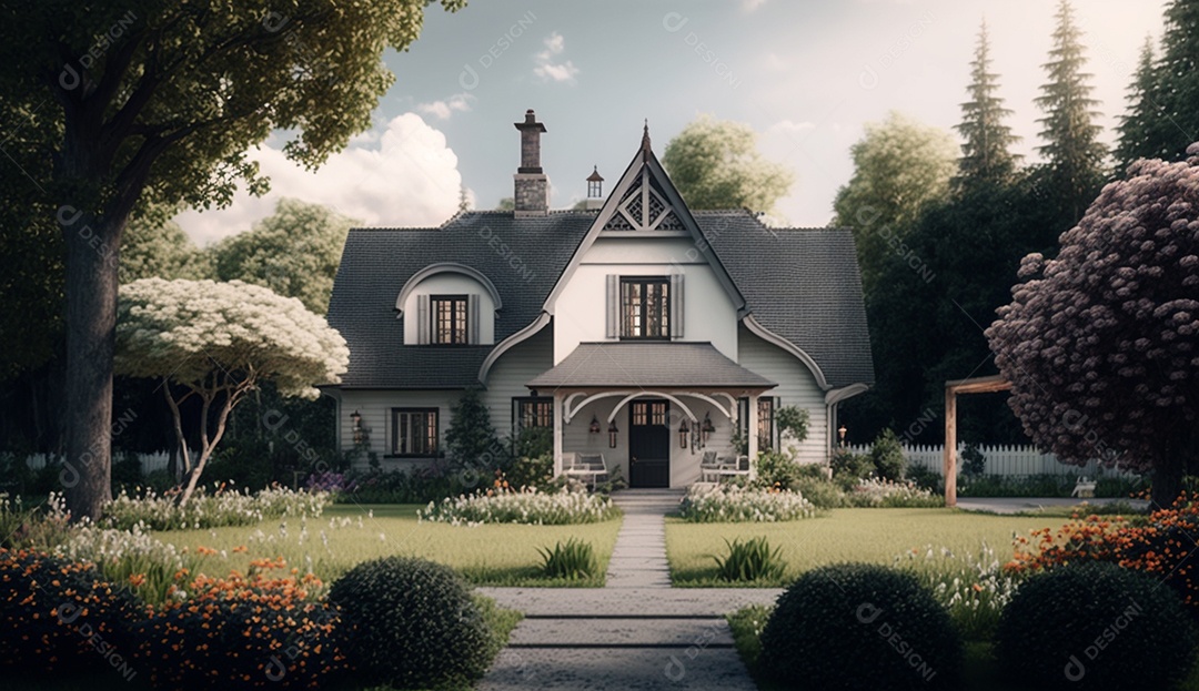 Uma linda casa no jardim com árvores e flores