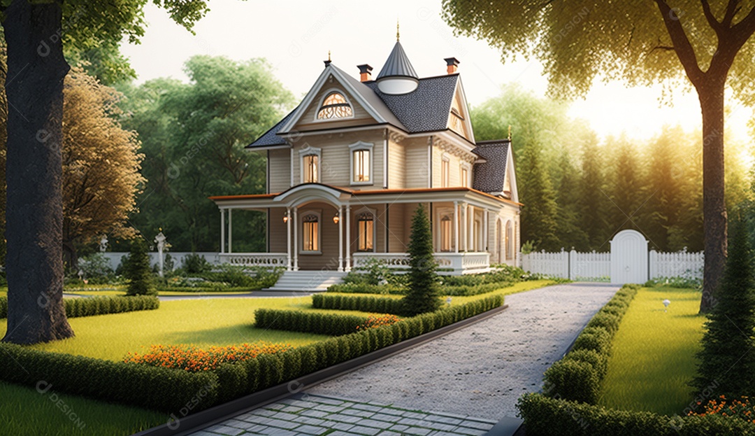 Uma linda casa no jardim com árvores e flores