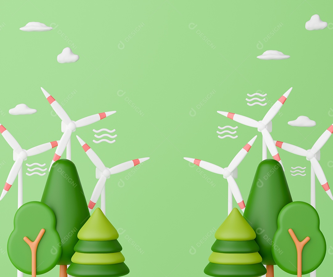 Turbinas eólicas e árvores sobre fundo verde claro. Ilustração 3d do conceito de energia sustentável, renovável e limpa.