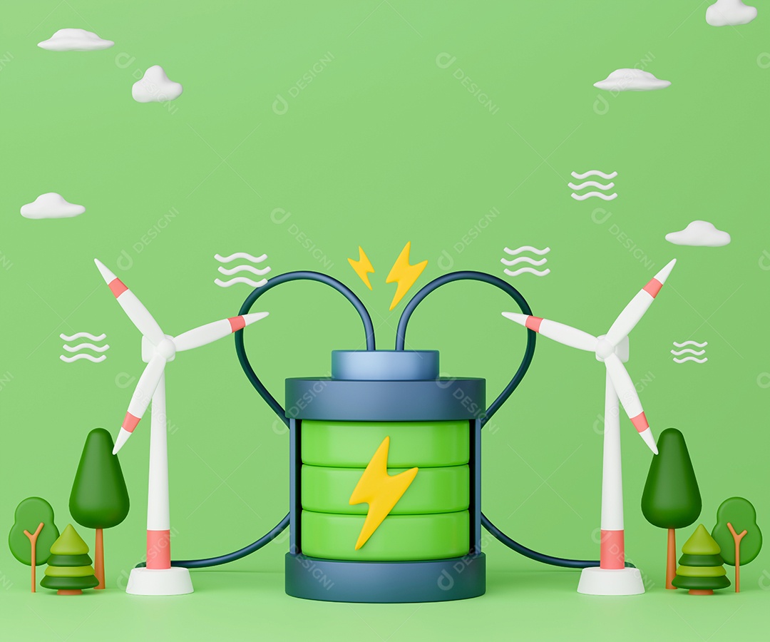 Geração de eletricidade usando a renderização 3d do conceito de energia eólica. Turbinas eólicas com bateria totalmente carregada em fundo verde.