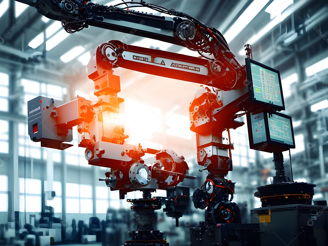 O braço robótico industrial moderno de alta tecnologia na linha de produção da fábrica está sendo soldado. IA generativa.