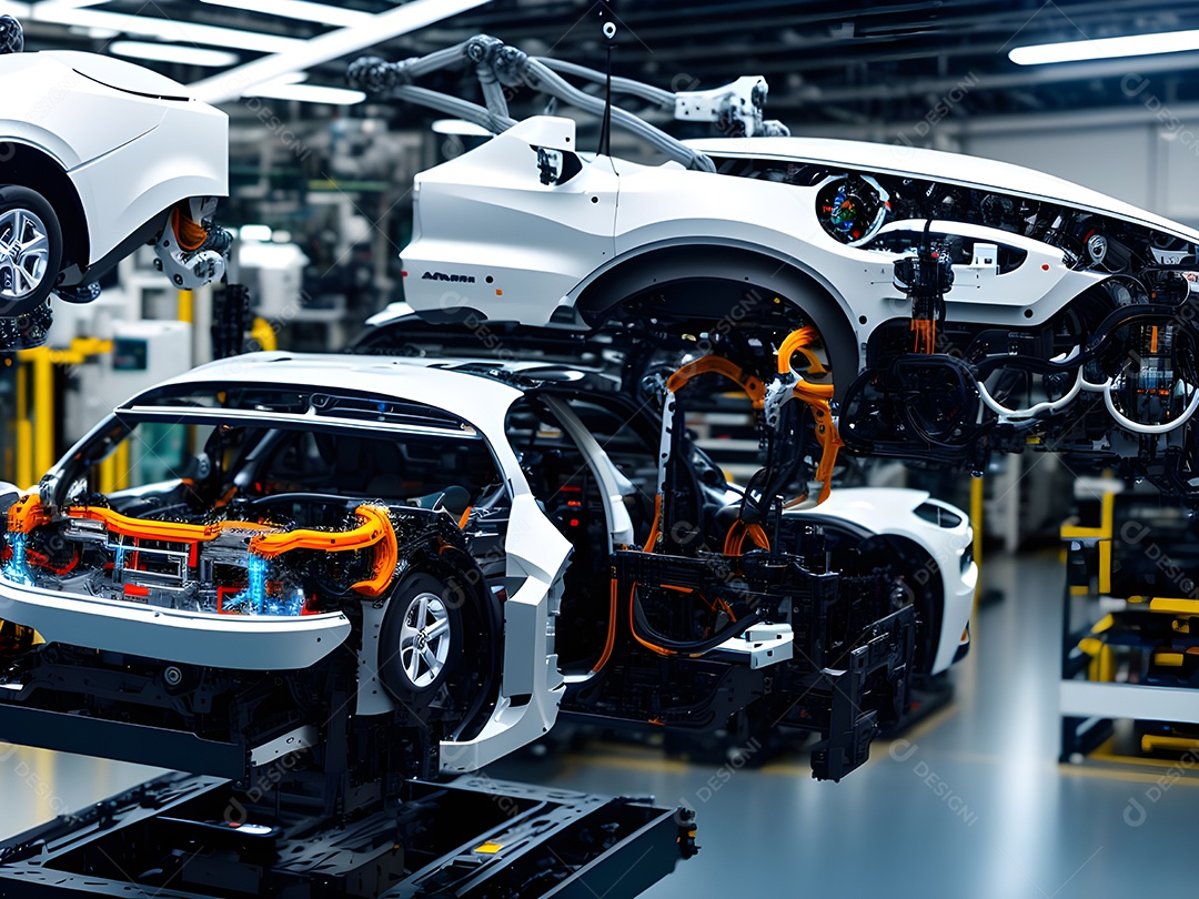 O braço robótico industrial moderno de alta tecnologia na linha de produção da fábrica está sendo soldado. IA generativa.