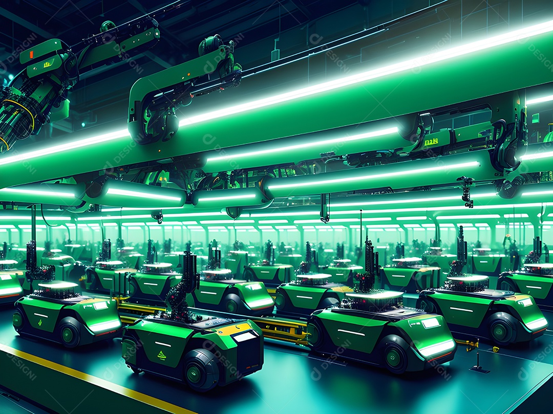 O braço robótico industrial moderno de alta tecnologia na linha de produção da fábrica está sendo soldado. IA generativa.