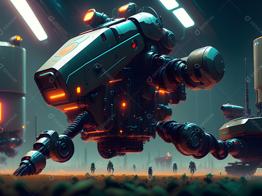 O braço robótico industrial moderno de alta tecnologia na linha de produção da fábrica está sendo soldado. IA generativa.